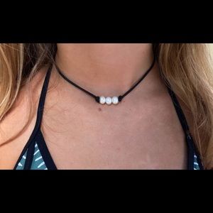 Triple Freshwater Pearl Black Leather Choker